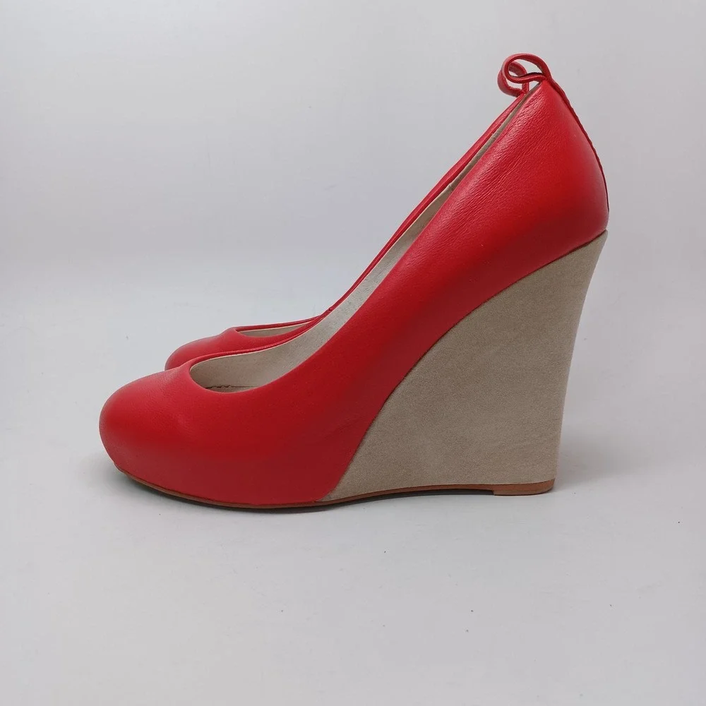 Jeffrey Campbell Nassau Last Red Leather Beige Suede Wedge Pumps Womens 7M